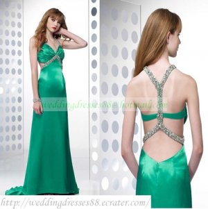 2012 Free Shipping Double Straps Green Stretch Satin Ruffled Beaded Evening Dress Party Dress