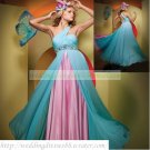 Free Shipping One Shoulder Blue Chiffon Pink Satin Ruffled Beaded Empire Maternity Evening Dress