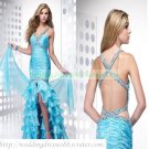 2012 Free Shipping Double Straps Blue Organza Ruffled Beaded Mermaid Evening Dress Party Dress