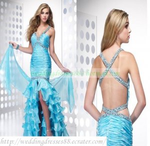2012 Free Shipping Double Straps Blue Organza Ruffled Beaded Mermaid Evening Dress Party Dress