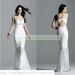 2012 Free Shipping Double Straps White Chiffon Ruffled Beaded Mermaid Evening Dress Party Dress
