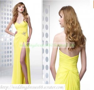2012 Hot Sale Free Shipping Strapless Yellow Chiffon Ruffled Beaded Evening Dress Party Dress