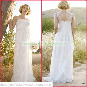 Free Shipping Double Straps White Chiffon Empire Maternity Bridal Gown Lace Beaded Wedding Dress