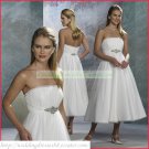 Free Shipping Strapless White Organza Empire Maternity Tea-length Ruffled Beaded Wedding Dress