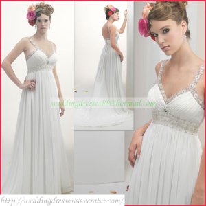 Free Shipping Double Straps White Chiffon Empire Maternity Bridal Gown Ruffled Beaded Wedding Dress