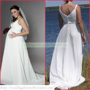Free Shipping Double Straps White Chiffon Empire Maternity Bridal Gown  Beaded Wedding Dress H019