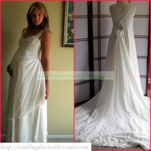 Free Shipping Double Straps White Chiffon Empire Maternity Bridal Gown  Beaded Wedding Dress H021