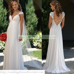 Free Shipping Cap Sleeves White Chiffon Empire Maternity Bridal Gown Ruffled Lace Wedding Dress