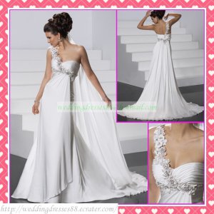 Free Shipping One Shoulder White Chiffon Empire Maternity Bridal Gown Applique Beaded Wedding Dress