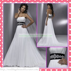Free Shipping Strapless White Chiffon Empire Maternity Ruffled Black Belt Beaded Wedding Dress H057