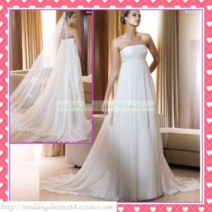 2012 Hot Sale Free Shipping Strapless White Chiffon Empire Maternity Ruffled Wedding Dress