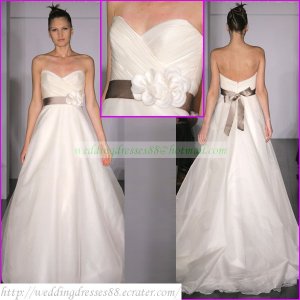 Strapless White Organza Brown Belt Empire Maternity Bridal Dress Ruffled Beaded Wedding Dress H075