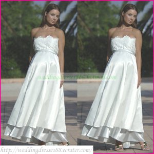 Strapless White Satin Empire Maternity Bridal Dress Lace Beaded  Wedding Dress BrIdal Gown