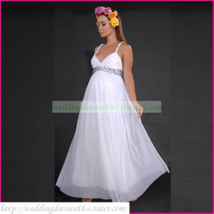 Double Straps White Chiffon Ruffled Empire Maternity Bridal Dress Applique Beaded Wedding Dress