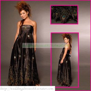 Strapless Black Taffeta Empire Maternity Bridal Dress Applique Peacock Feather Wedding Dress