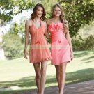 Halter Pink Chiffon Ruffled Tea-length Bridesmiad Dress Evening Dress B4-A