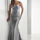 Free Shipping Strapless Silver Stretch satin Ruffled Beaded Party Dress Evening Dress