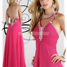 2012 Hot Sale Halter Pink Red Chiffon Ruffled Beaded Empire Evening Dress Party Dress E2