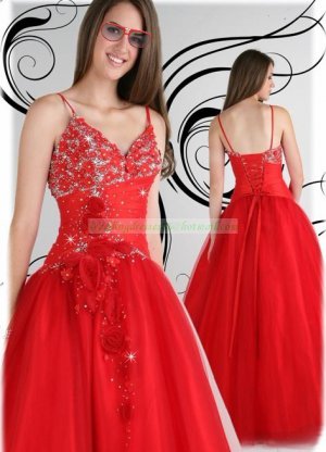 2012 Hot Sale Double Spaghetti Red Organza Applique Beaded Evening Dress Party Dress E8