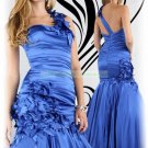 2012 Hot Sale One Shoulder Blue Stretch Satin Hand Flowers Evening Dress Party Dress E9