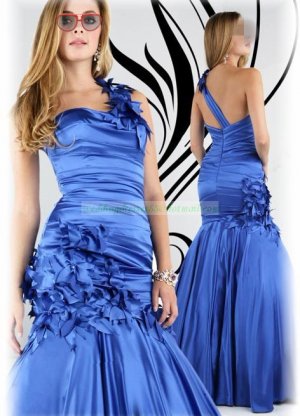 2012 Hot Sale One Shoulder Blue Stretch Satin Hand Flowers Evening Dress Party Dress E9