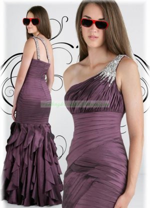 2012 Hot Sale One Shoulder Coffee Taffeta Ruffled Beaded Evening Dress Party Dress E10