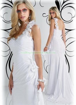 2012 Hot Sale One Shoulder White Chiffon Feather Ruffled Beaded Flowers Evening Dress Party Dress