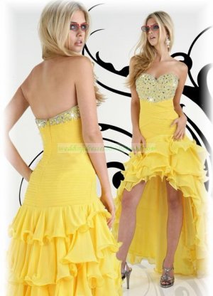 Free Shipping 2012 Hot Sale Strapless Yellow Chiffon Ruffled Beaded Evening Dress Party Dress E16