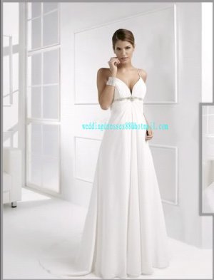 Double Spaghetti White Chiffon Empire Maternity Bridal Dress Pleated V-neck Beaded Wedding Dress