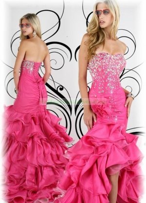 2012 Hot Sale Strapless Red Taffeta Ruffled Beaded Evening Dress Party Dress P2