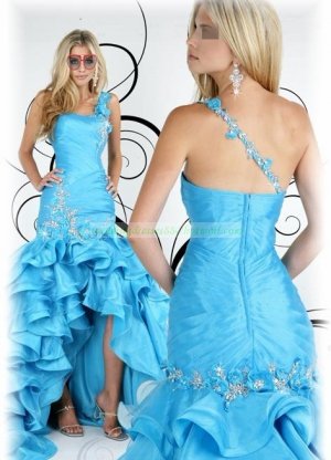 2012 Hot Sale One Shoulder Blue Organza Taffeta Ruffled Beaded Evening Dress Party Dress P4