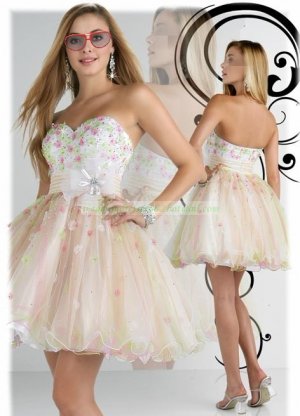2012 Strapless Champagne Organza Ruffled Beaded Red Green White Flowers Cocktail Dress P6