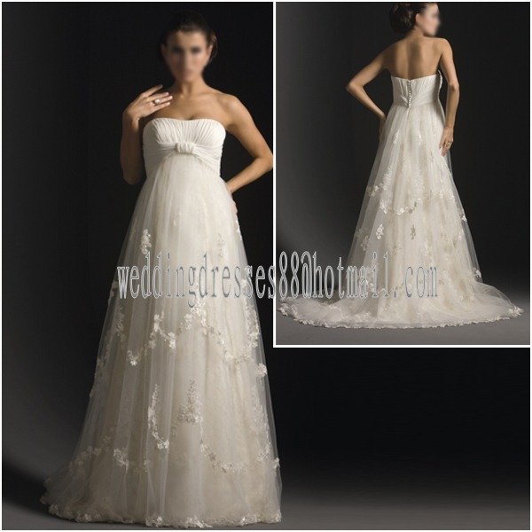 Lace Maternity Tulle Skirt Appliques 3/4 Sleeves Wedding Dress main image 1