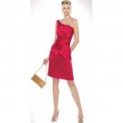 One Shouler Red Satin Short Bridal Evening Dress Knee Length Bridesmaid Dress 5 Pcs Free Scarf