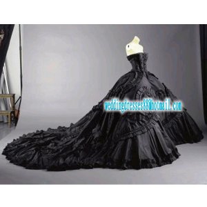 A-line Vintage Strapless Ruffles Black Taffeta Royal Bridal Wedding Dress & Corset Free Petticoat