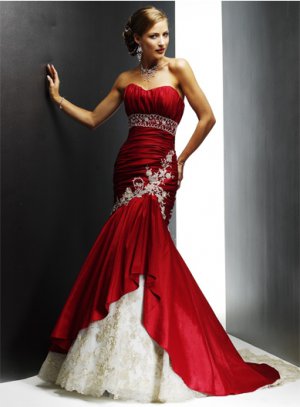 Strapless Champagne Lace Red Taffeta Bridal Gown Mermaid Wedding Dress