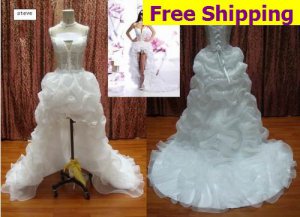 Sexy Saghetti Straps White Lace Pleated Organza Wedding Dress Tea Length Hi-lo Beach Bridal Gown