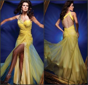 2012 New One Shoulder Front Slit Evening Dress Yellow Chiffon Beaded Prom Dress