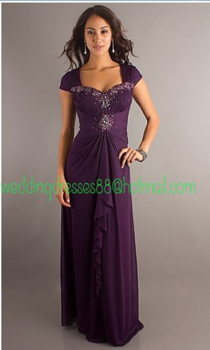 Cap Sleeves Purple Chiffon Pleated Beaded the Mother of  Bridal Dress Long A-line Evening Dress