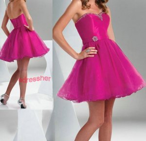Strapless Tulle Hot Pink Beading Prom Mini Length Evening Dress Bridal Party Gown