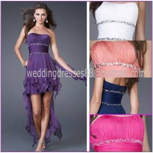 Strapless Purple Red Blue Coral Chiffon Ruffled Beaded Cocktail Dress Hi-low Homecoming Dress C160