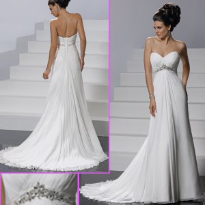 Strapless White Chiffon Empire Maternity Bridal Gown Ruffled Beaded Wedding Dress Mg054