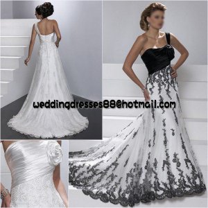One Shouler Plated White Satin Lace Wedding Dress A-line Apllique Black White Lace Bridal Gown