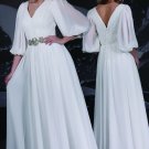 2012 Half Sleevss White Chiffon Ruffled Beaded Bridal Gown Wedding Dress 9064