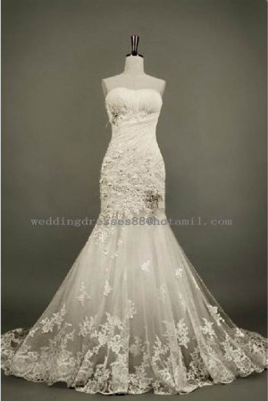 2012 New Style Strapless White Ivory Lace Applique Beaded Mermaid Bridal Gown wedding dress CS3