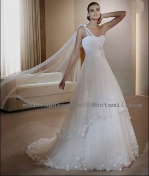 2012 New Style One Shoulder White Ivory Tulle Flowers Beaded Bridal Gown wedding dress CS15