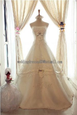 2012 New Style Strapless White Ivory Satin Applique Beaded Bowknot Bridal Gown wedding dress CS25