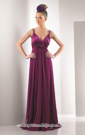 2012 Hot Sale Double Straps Purple Chiffon Pleat Flowers Bridesmaid Dress Evening Dress