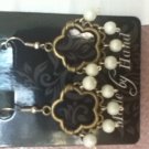 antique brass flower with white glass pearl earring