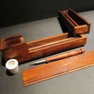 Antique Style Wood Slide Lid Swing Open Writing Box Inkwell Pen Desk Set